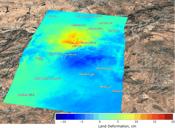 Recent Earthquake in Ighil, Morocco Deformation map reveals uplift (red–yellow) near Ighil and subsidence (blue) nearby, showing InSAR’s value for rapid post-quake assessment.